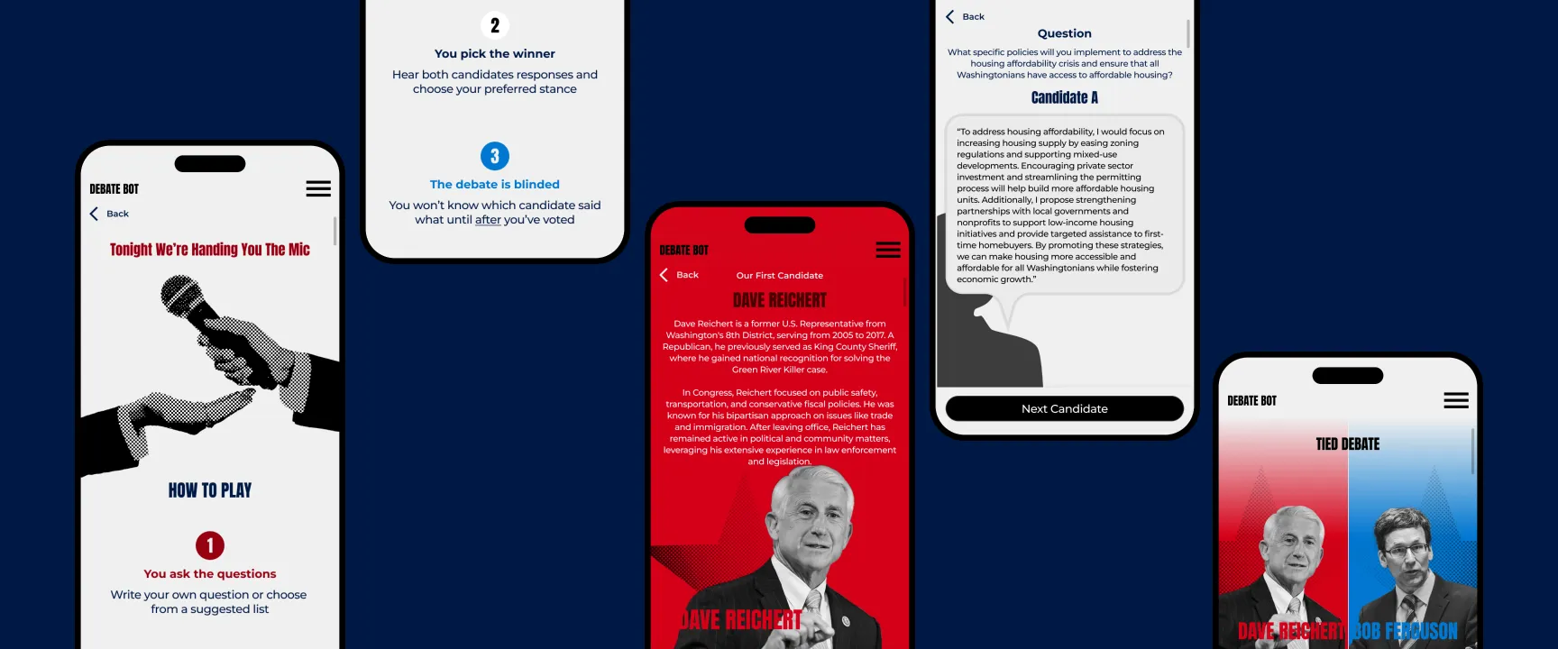 Debate Bot mobile app screens showing various features