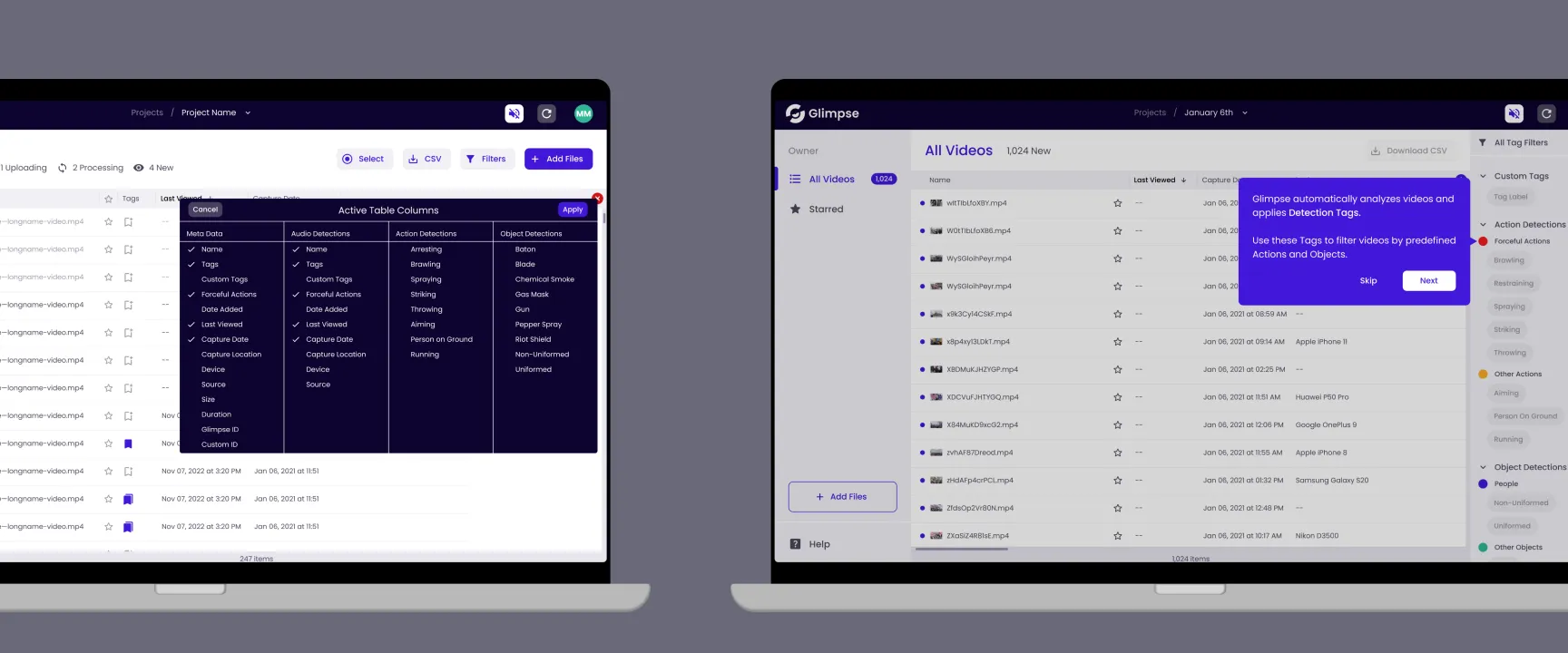 Glimpse app screens showing various features