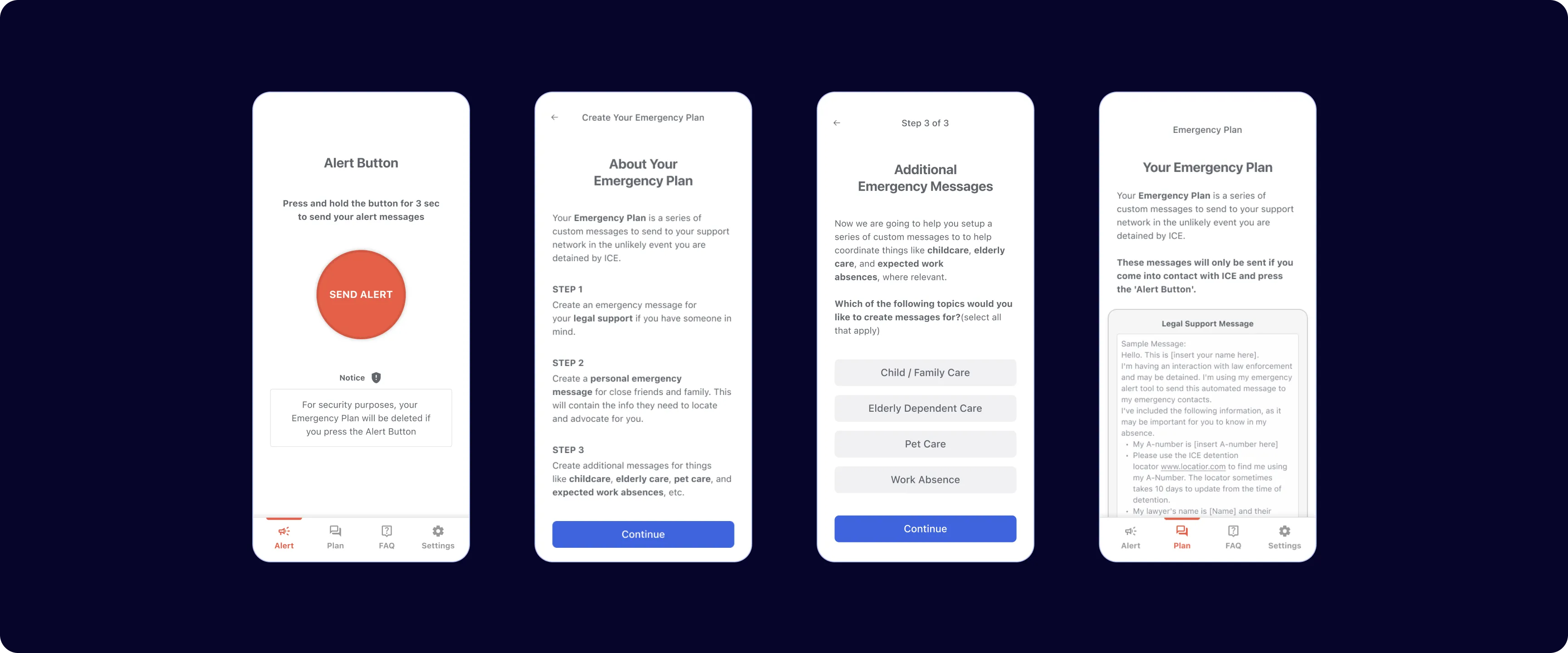 ReadyNow mobile app screens showing various features
